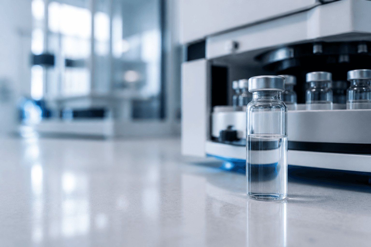 Peptide sample beside HPLC laboratory instrumentation in Canada