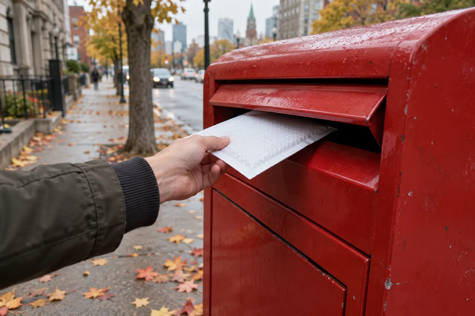 A padded mailer being posted in a red street mailbox